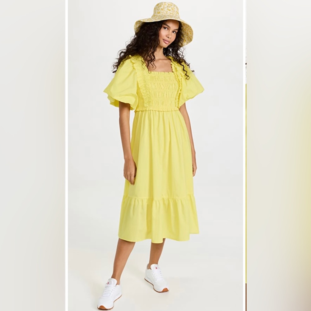 English Factory Ruffled Smocked 100% Cotton Midi Dress Yellow Puff Sleeve XS NWT - Picture 7 of 11